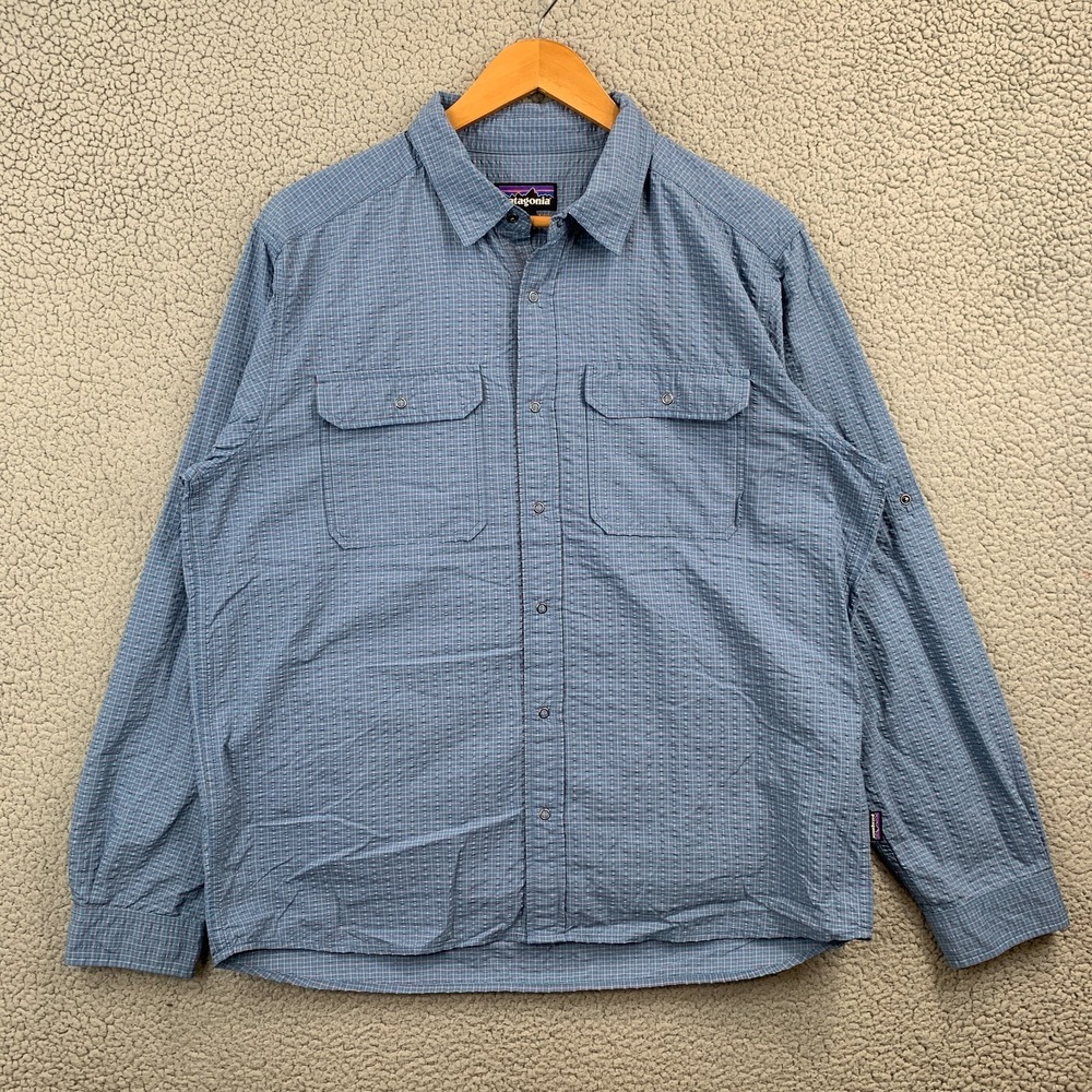 Patagonia Long Sleeve Button Up Shirt Blue Seersucker Texted Blue Double Pocket